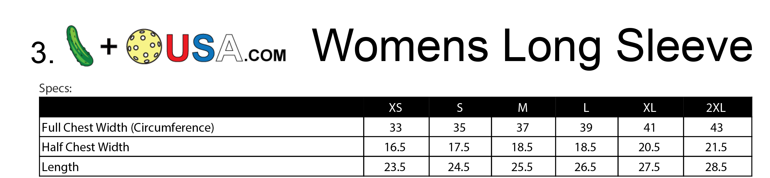 Women's long sleeve spec sheet