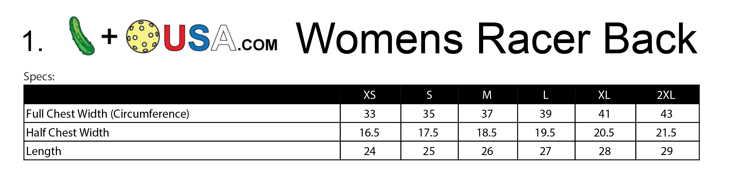 Women's racerback spec sheet